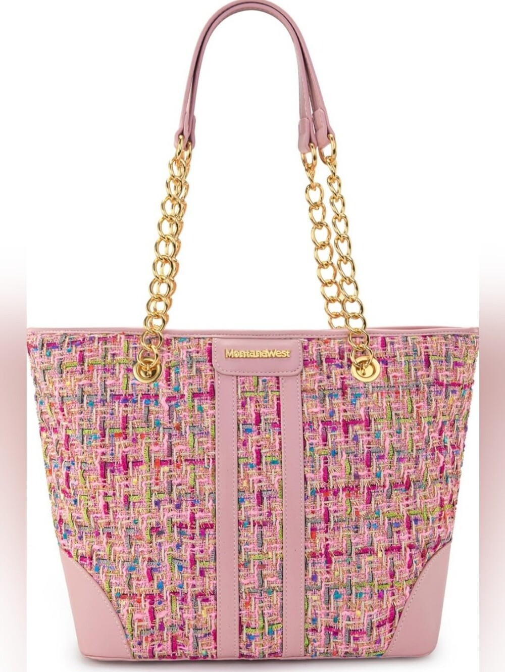 Montana West Pink Multicolor Tweed Tote with Gold Chain Straps- Fast Shipping!!